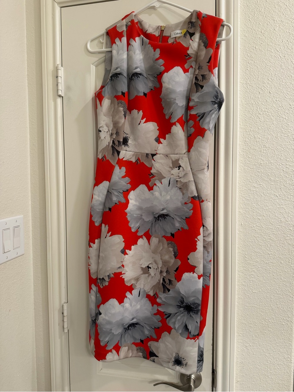 Calvin Klein Red Floral Sheath Dress with Gray and White Blooms
